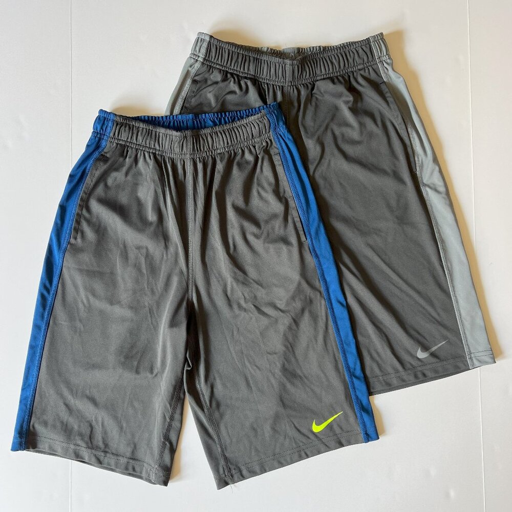 NIKE 2 Pair Boys Athletic Shorts Size L Dri-Fit Dark Gray w/Blue & Gray Trim EUC